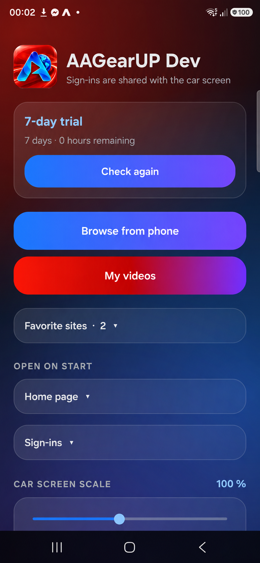 Edited AAGearUP phone interface illustration showing trial, My videos, favorite sites and car screen scale controls